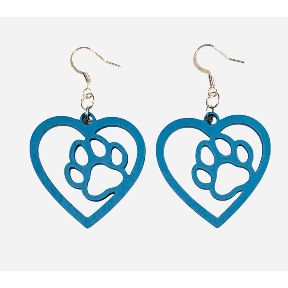 Wood Earrings - 1.5" x 1.5" - Paw in Heart - Black - E089-45